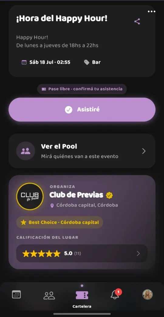 Confirmación de asistencia y Pool de un evento