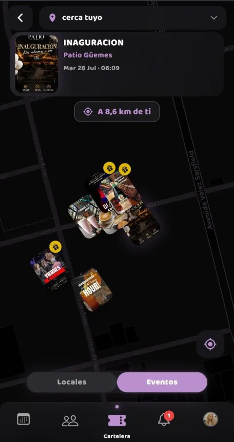 Mapa de eventos cercanos con distancia real en Fernecito App