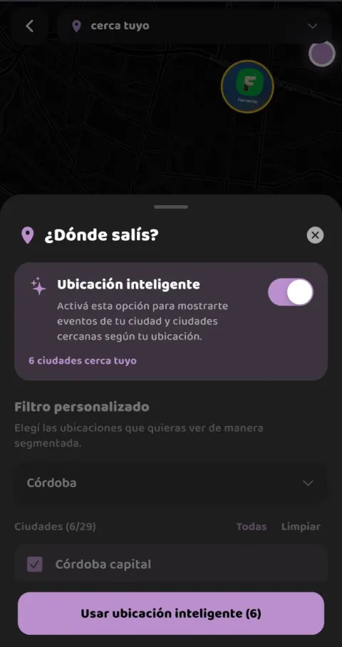 Selector de ubicación inteligente y ciudades cercanas en Fernecito App