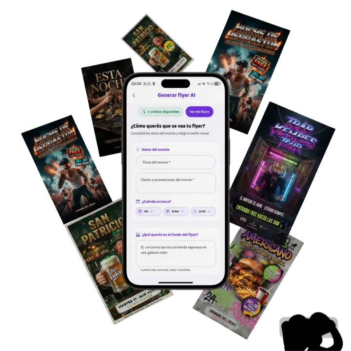 Fernecito Flyers IA — celular con flyers volando