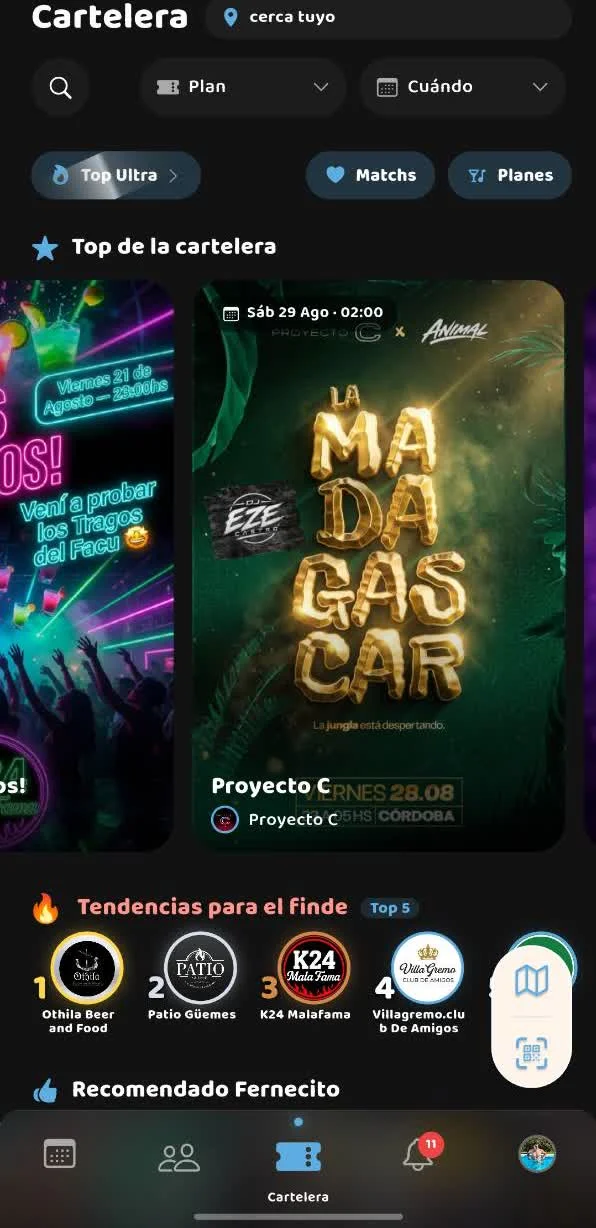 Cartelera de Fernecito App con tendencias del finde, matches y planes